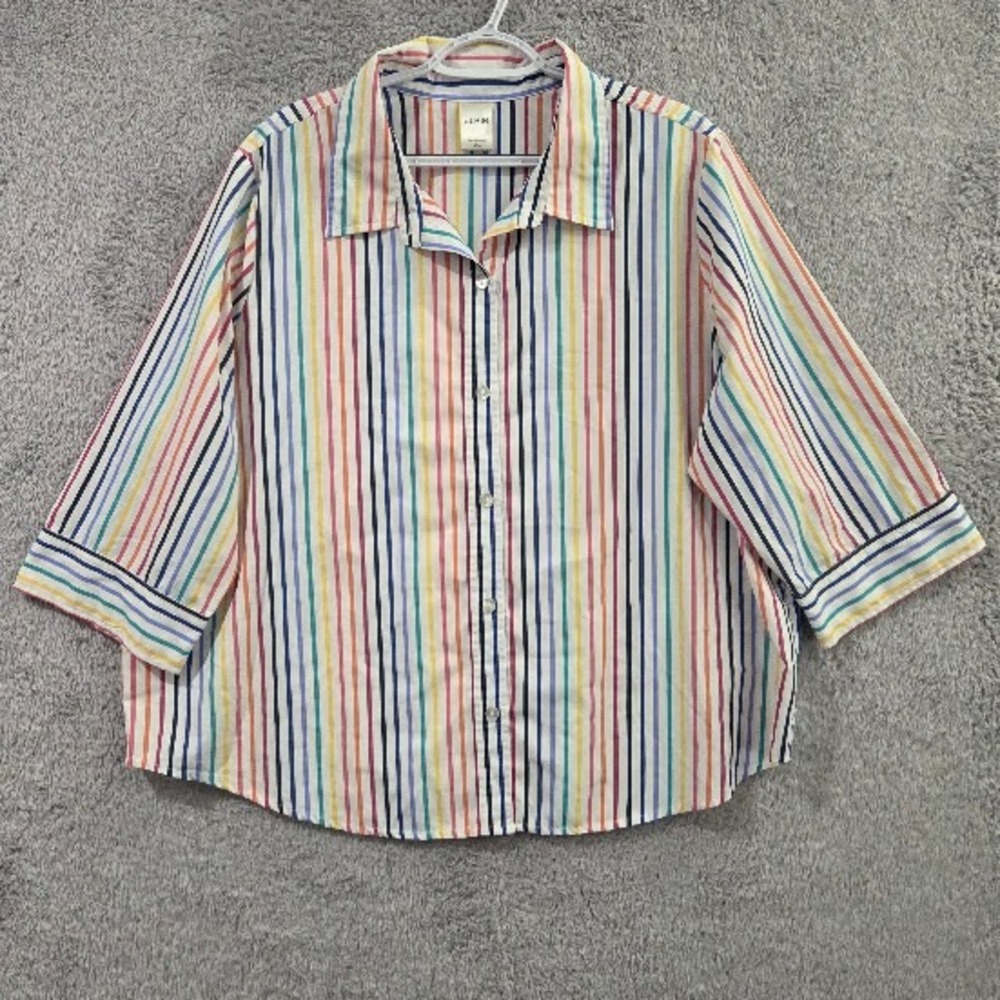 Blair Button Up Shirt Women's 2XL White Rainbow Stripe 3/4 Sleeve Top Blouse